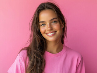 Fototapeta premium Smiling Young Businesswoman in Magenta Shirt Against Soft Pink Background