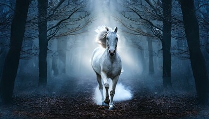 Majestic White Horse Running Through Mysterious Dark Misty Forest at Night in Spooky Halloween Atmosphere, Perfect for Gothic and Mysterious Themes and Nature Wallpapers