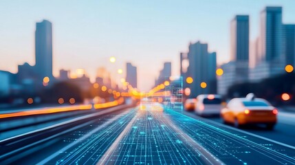 Obraz premium Electric urban commuter, digital smart city map, bustling streets, clear sky