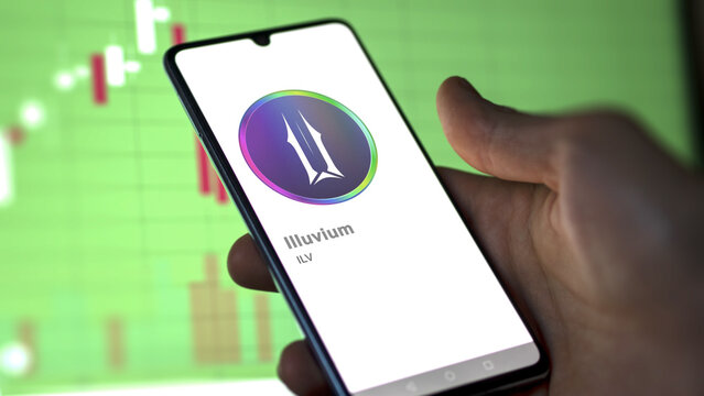 Close up on logo of (ILV) Illuvium on the screen of an exchange. (ILV) Illuvium price stocks, $ILV on a device.