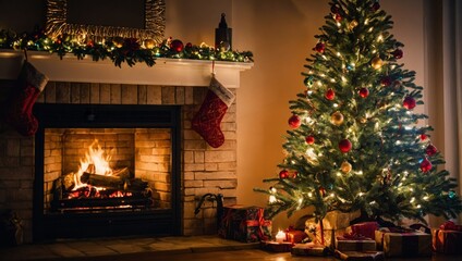 Christmas Tree with Decorations Near a Fireplace with Lights