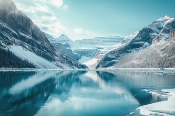 Fototapeta premium Serene Glacial Lake and Snow-Capped Mountains in the Canadian Wilderness