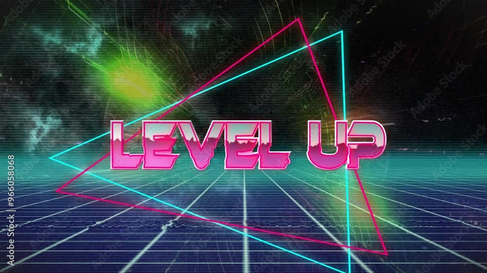 Poster Animation of level up text over neon pattern background