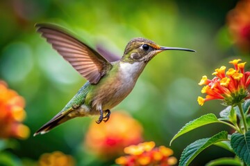 Obraz premium Close-Up Of A Tiny Hummingbird Hovering Near A Blooming Flower Amidst Lush Greenery