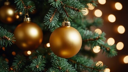 Close up view of beautiful fir branches with shiny golden bauble or ball, xmas ornaments and lights, Christmas holidays background. copy space. Decoration on Christmas tree