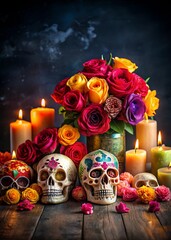 A Captivating Arrangement of Colorful Roses, Skulls, and Candles Set Against a Dark Background for Unique Visual Appeal