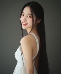 Naklejka premium A woman with long black hair and a white dress is smiling