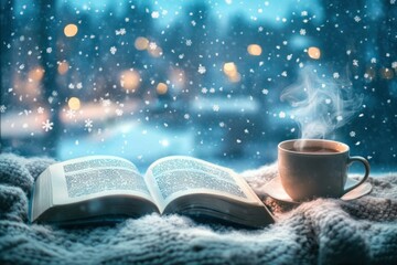 Cozy Winter Scene with a Book, Steamy Coffee, and Falling Snow