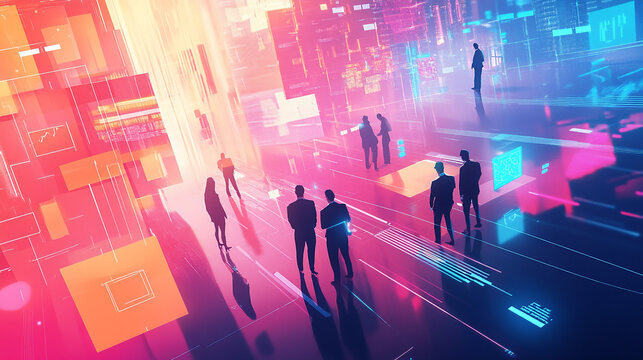 Business transformation involves rethinking traditional processes and leveraging technology to stay competitive 2D Illustration style: