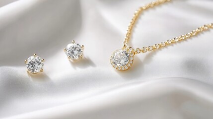 A delicate 18k gold necklace and solitaire diamond earrings set, arranged on a white background, radiating sophistication and classic style