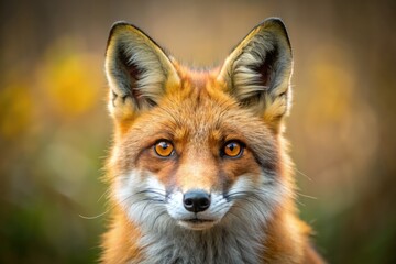 Fototapeta premium Close-Up Portrait Of A Red Fox With Piercing Gaze, Alert Ears, And Soft Fur On A Blurred Background