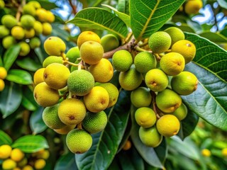 Close-Up Shot Of A Cluster Of Round, Green And Yellow Fruit Growing On A Tree Branch With Green Leaves In The Background.