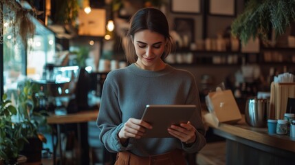 A young woman using a tablet in a cozy café filled with plants and warm lighting during the late afternoon