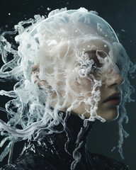 Close-up woman head covered with abstract translucent white substance that resemble tentacles of a jellyfish
