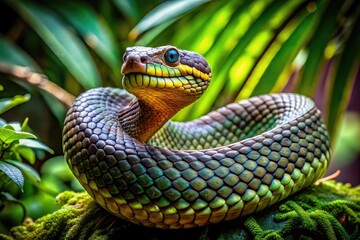 Fototapeta premium Coiled serpent's scaly body glistens in the sunlight, its forked tongue darting in and out as it prepares to strike, surrounded by lush green forest foliage.