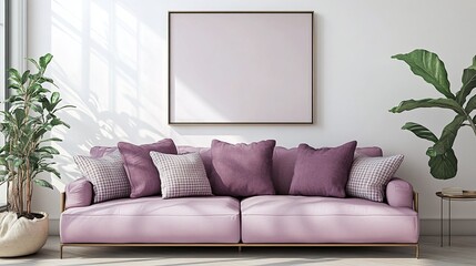 Fototapeta premium stylish living room interior featuring sofa with light purple pillows, plaid, and a mockup art frame on white wall background, sunlight adding warmth to the decor