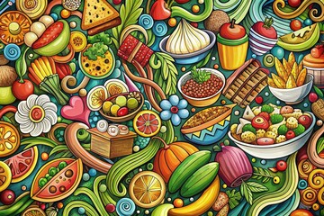 Naklejka premium Colorful And Intricate Line Drawings Of Various Food Items Suitable For Coloring, Promoting Creativity And Relaxation
