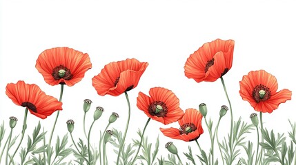 Obraz premium detailed hand-drawn red poppy flowers on white background, stunning floral illustration perfect for botanical art and nature-inspired designs