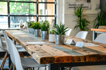 Obraz premium Rustic Wooden Table with Green Plants and Modern White Chairs in Bright Cafe Setting