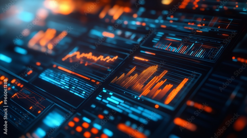 Aufkleber abstract digital interface with glowing orange and blue data graphs.