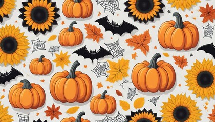 Seamless Fall Design with Pumpkins, Glitter Bats, Spider Webs, Sunflowers, and Autumn Leaves for Seasonal Festivities