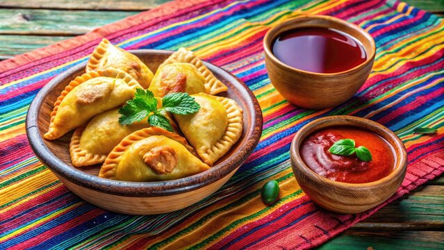 Colorful Bowl Of Traditional Bolivian Salte&ntilde;as Empanadas With Aji Sauce And A Cup Of Chicha Morada