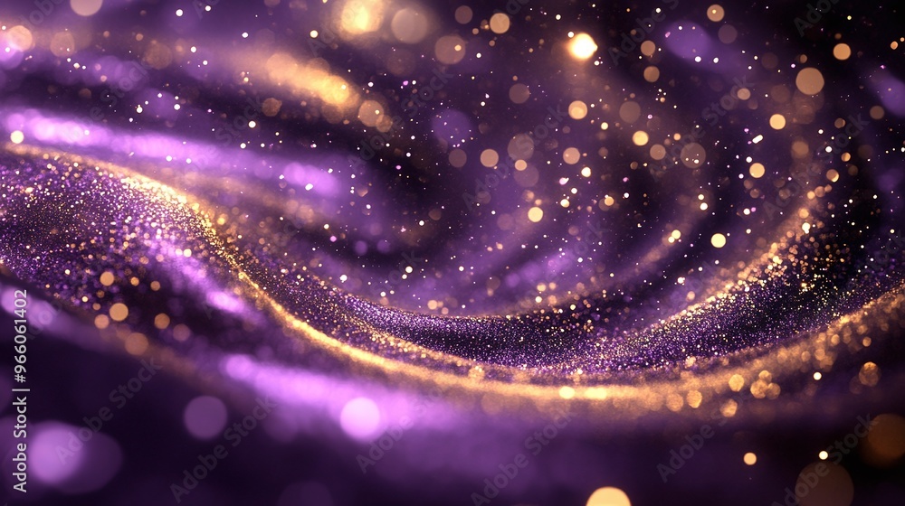 Poster blue and gold particle wave with dynamic motion, abstract flow with wind blowing effect, vibrant and
