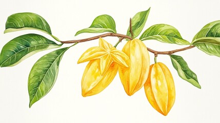 tropical botanical watercolor of yellow star fruit with lush green leaves on branch, detailed illustration in vibrant natural style