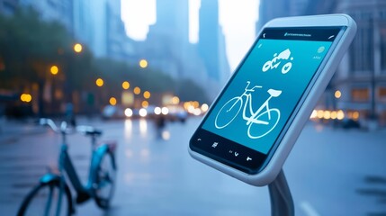 Smart bike-sharing, augmented reality app interface, urban environment, early morning