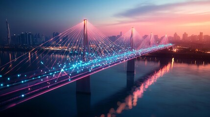 Smart bridge monitoring, digital safety sensors, futuristic river crossing, cityscape