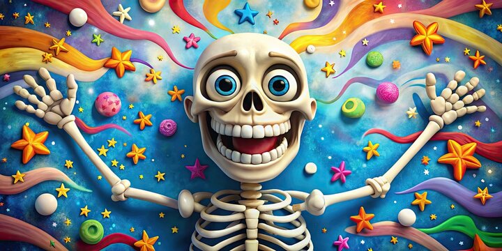 Colorful cartoon skeleton character grinning with wide eyes, surrounded by scattered bones, against a bright blue background with whimsical swirling clouds and stars.