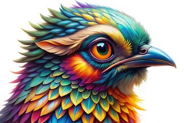 Fototapeta premium Colorful Illustration Of A Bird With Detailed Feathers, Beak, And Eyes, Isolated On A White Background.