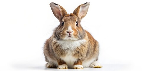 A large, adorable rabbit with fluffy white and brown fur stands upright on hind legs, surveying its surroundings