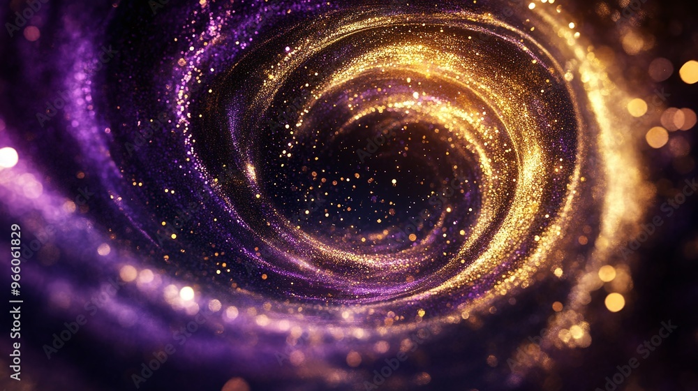 Poster dynamic swirling vortex of purple and gold particles, wind-blown motion effect creating fluid abstra