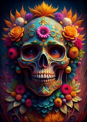 Captivating and Creepy Portrait of a Colourful Skull Ideal for Halloween Decorations and Artistic Projects