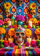 Fototapeta premium Vibrant Day of the Dead Altar Background Featuring Colorful Skulls for Festive Celebrations and Artistic Projects