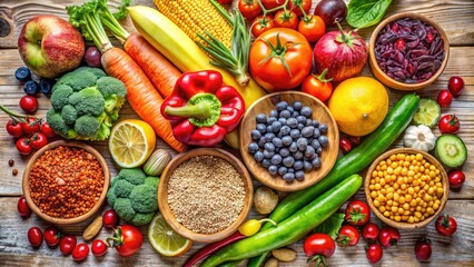 Colorful illustration of fresh fruits, vegetables, and whole grains arranged in a playful, hand-drawn still life composition, promoting healthy eating and nutrition.