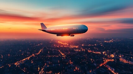 Fototapeta premium Smart logistics airship, digital cargo paths, urban view from above, dusk skies