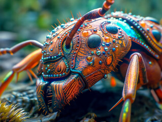 A colorful bug with a shiny, metallic look