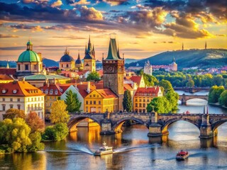 Fototapeta premium Colorful illustration of Vltava River flowing through Prague, Czech Republic, featuring Charles Bridge, Old Town, and surrounding landscape with notable landmarks and buildings.