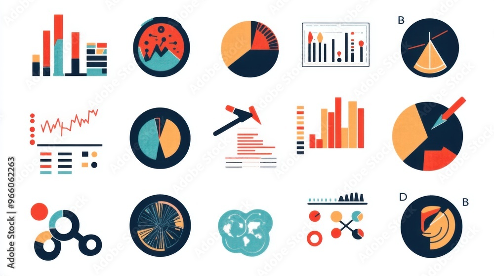 Poster vector illustration of data analysis icons in a duo-tone palette for web