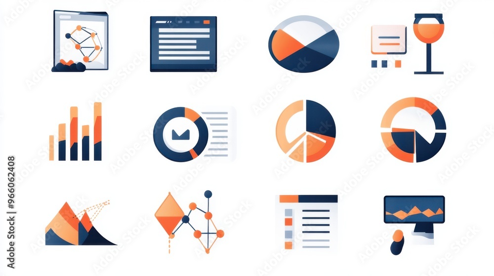 Poster vector illustrations of data analysis icons in duo-tone colors for web design,
