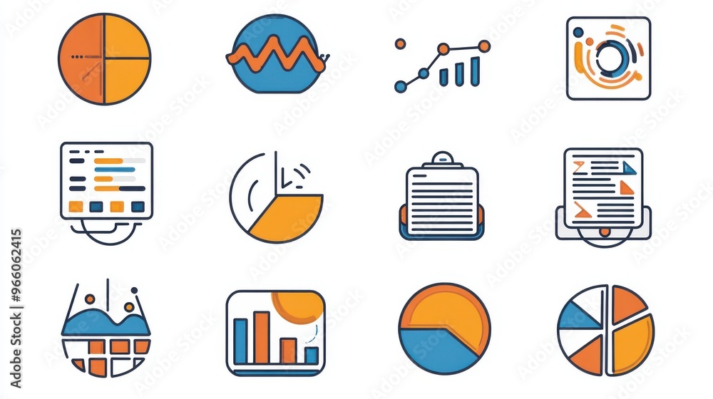 Poster vector illustrations of data analysis icons in duo-tone colors for web design,