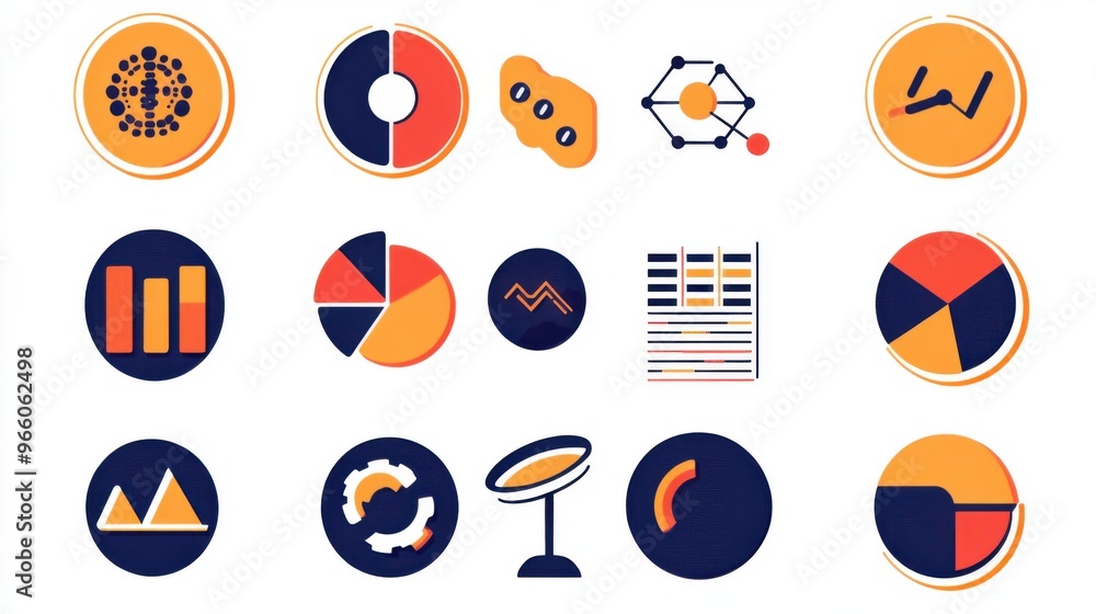 Poster vector illustrations of data analysis icons with a duo-tone color scheme,