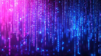 streaming binary code in blue and purple, digital tech background for coding, network security, and futuristic data flow designs
