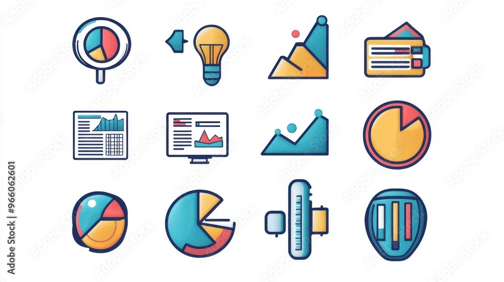 Poster vector illustrations of data analysis icons with a duo-tone color scheme,