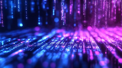 blue and purple binary code streaming bytes, creating a futuristic tech background perfect for digital data, programming, and encryption themes