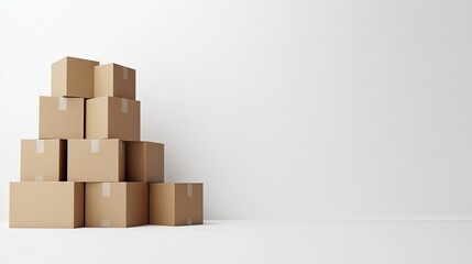 A group of cardboard boxes stacked in a corner of a plain white space, symbolizing organization, moving, and packaging solutions for home and business logistics