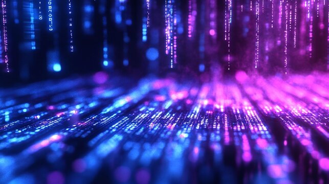 blue and purple binary code streaming bytes, creating a futuristic tech background perfect for digital data, programming, and encryption themes