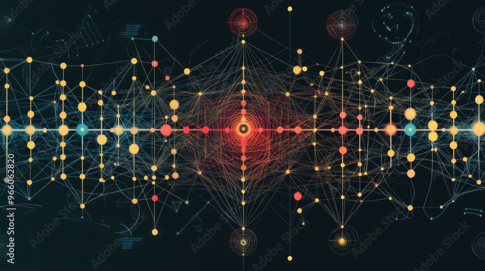 Poster abstract digital network with glowing nodes and lines on a dark background.
